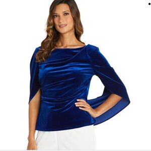 NWOT R&M Richards Royal Blue Velvet Drape Back Top Shirt Blouse Medium Headshot
